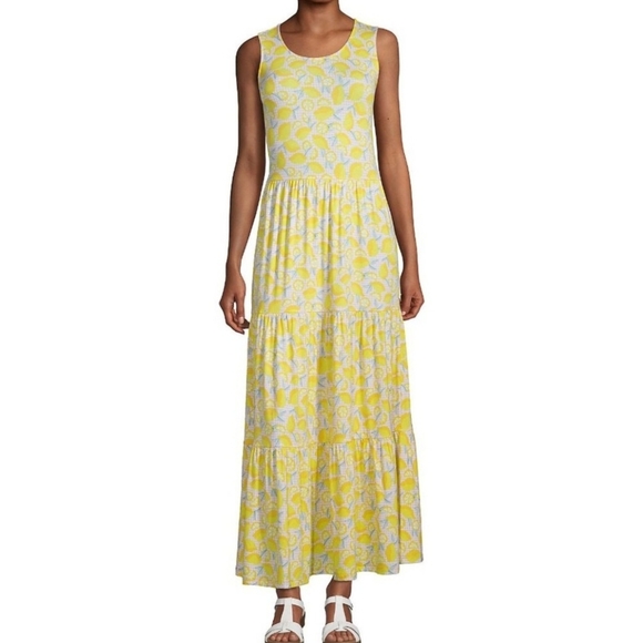 Lands' End Bright Yellow And White Lemon Print Tiered Maxi Tank Dress Sz MP - Picture 1 of 11